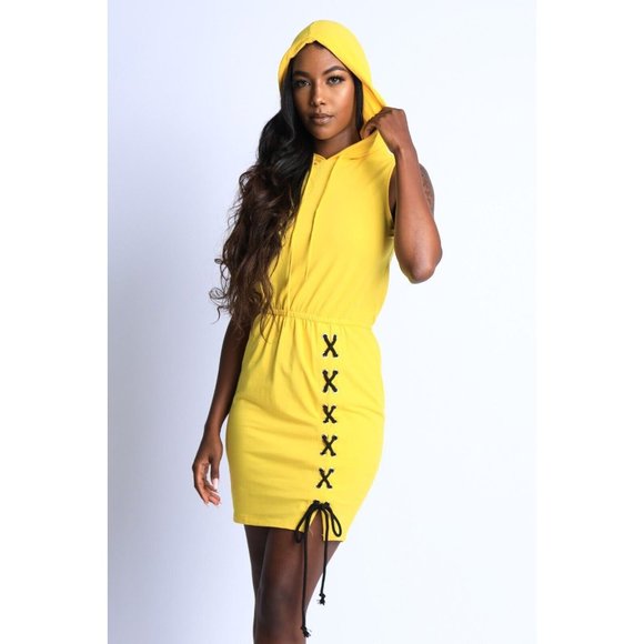 Boutique Dresses & Skirts - Women's Sleeveless Hoodie Dress Cross Tie Detailed Casual Dress Yellow S M L